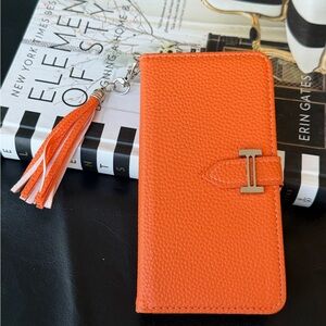 iPhone 14 Pro Max case/Orange Leather Wallet with Tassel